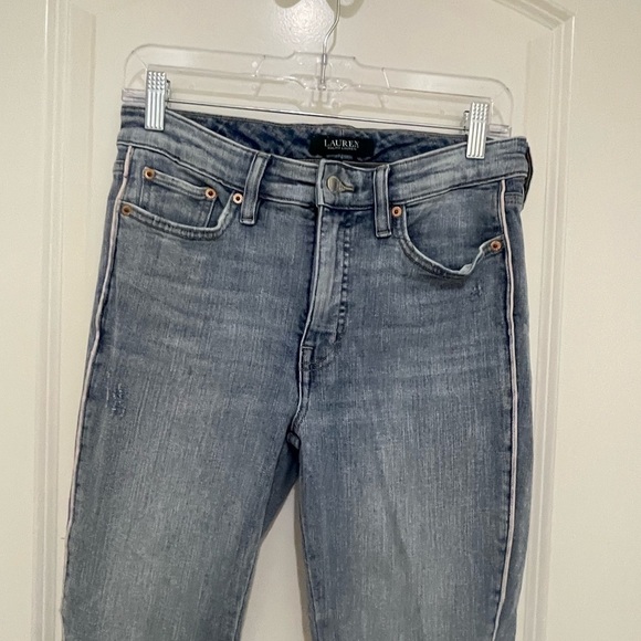 RALPH RAUREN High Rise Skinny Ankle Jeans with White Tuxedo Stripe Light Blue - Picture 5 of 13